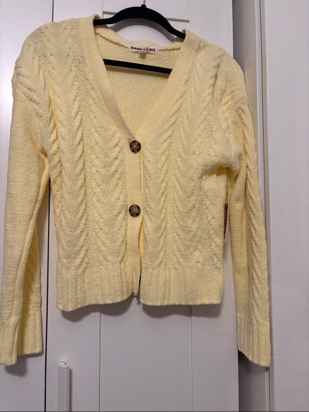 Cream Yellow Cable Knit V-Neck Cardigan Sweater